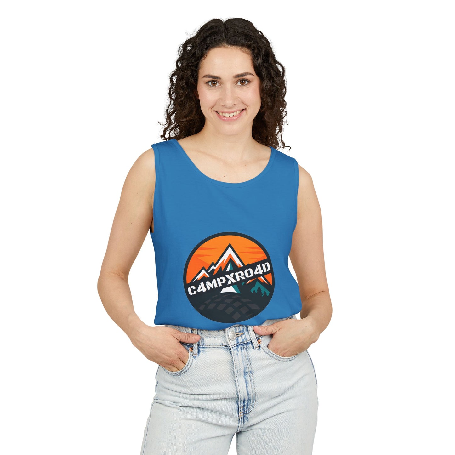 C4MPXRO4D Rounded Shield Camper Badge Tank Top | Graphic camping text tee