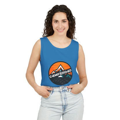 C4MPXRO4D Rounded Shield Camper Badge Tank Top | Graphic camping text tee