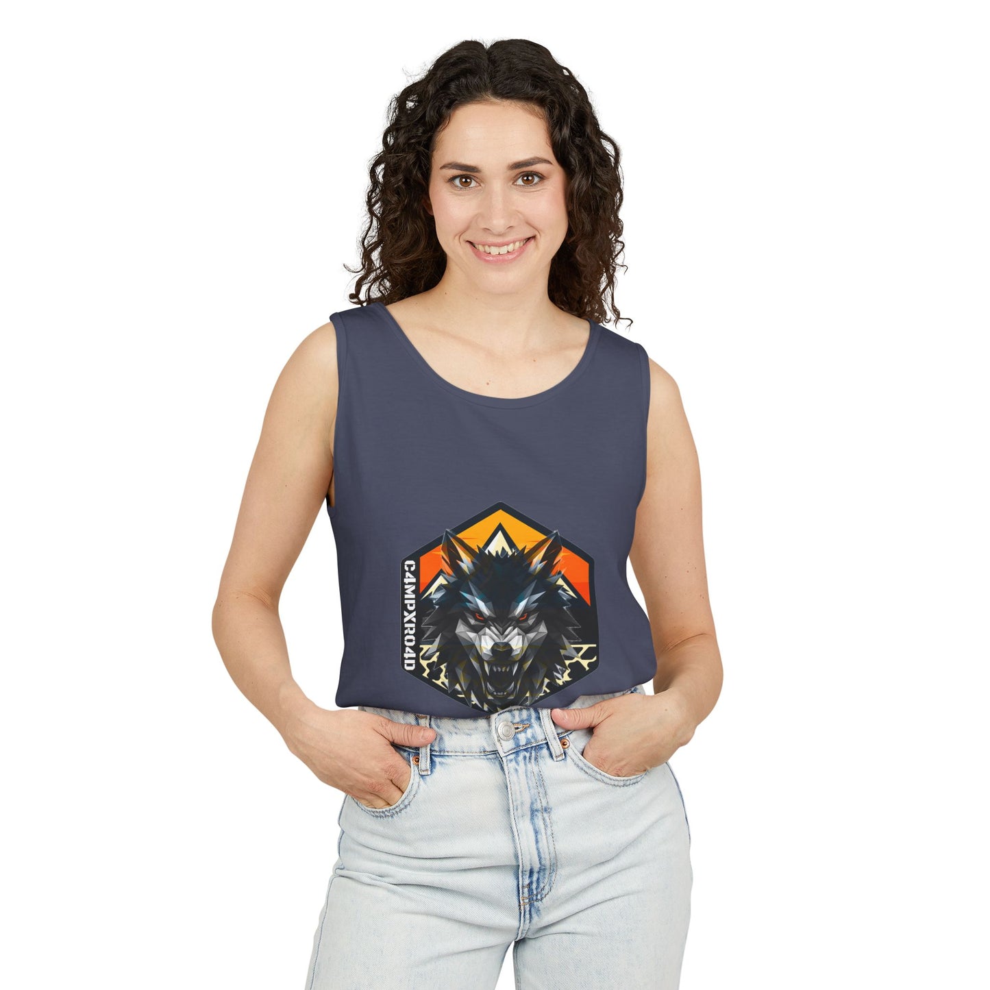 C4MPXRO4D Wolf Shield Camper Badge Tank Top | Graphic camping text tee