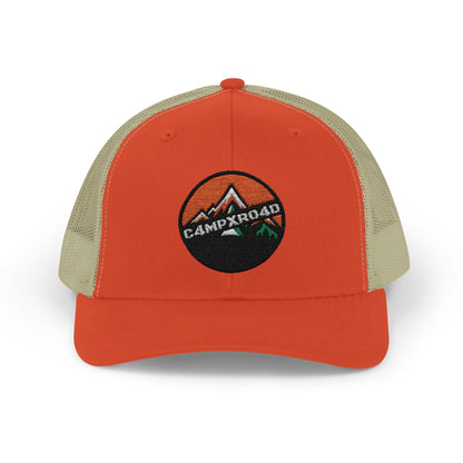 C4MPXRO4D Rounded Shield Camper Badge Cap | Trucker Snapback Mesh Hat