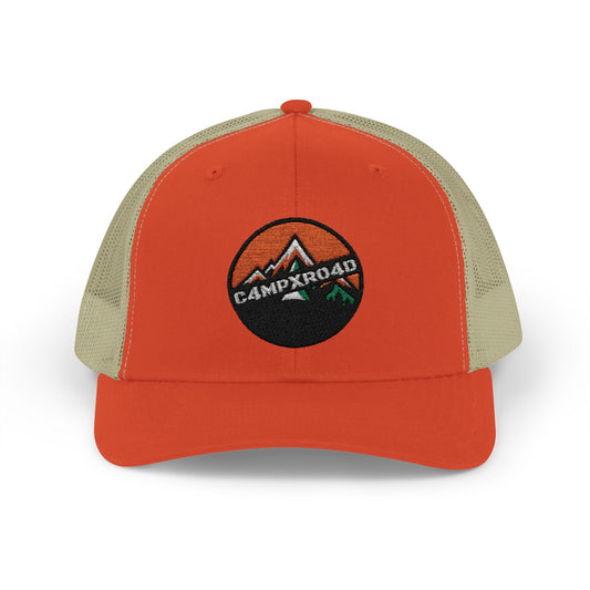 C4MPXRO4D Rounded Shield Camper Badge Cap | Trucker Snapback Mesh Hat