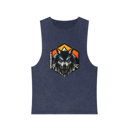 C4MPXRO4D Wolf Shield Camper Badge Tank Top | stonewash black, retro stencil logo