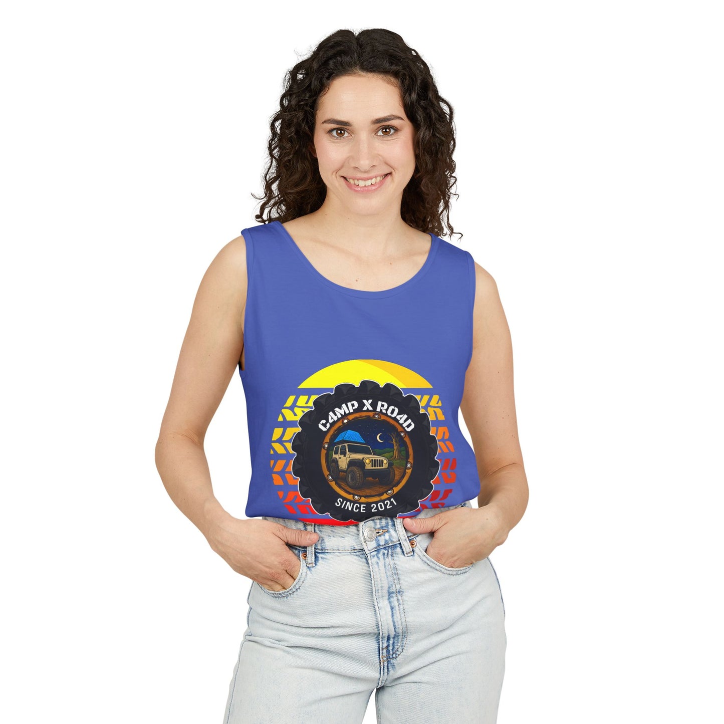 C4MPXRO4D Summer Camper Badge Tank Top | Graphic camping text tee