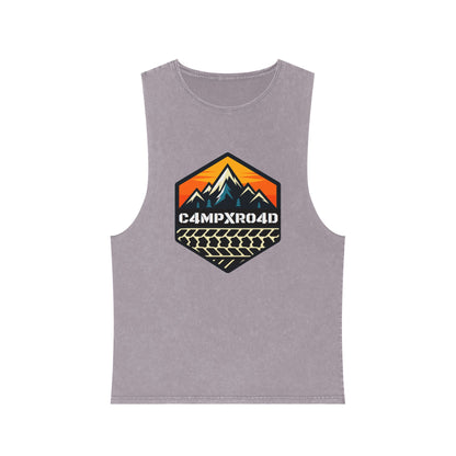 C4MPXRO4D Hexa Shield Camper Badge Tank Top | stonewash black, retro stencil logo