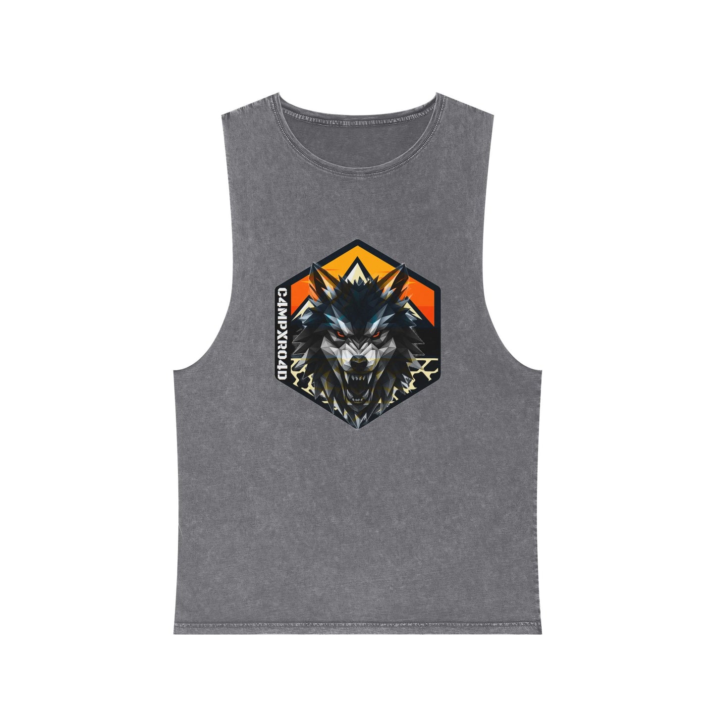 C4MPXRO4D Wolf Shield Camper Badge Tank Top | stonewash black, retro stencil logo