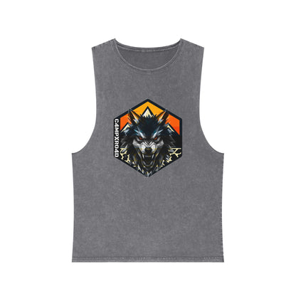 C4MPXRO4D Wolf Shield Camper Badge Tank Top | stonewash black, retro stencil logo