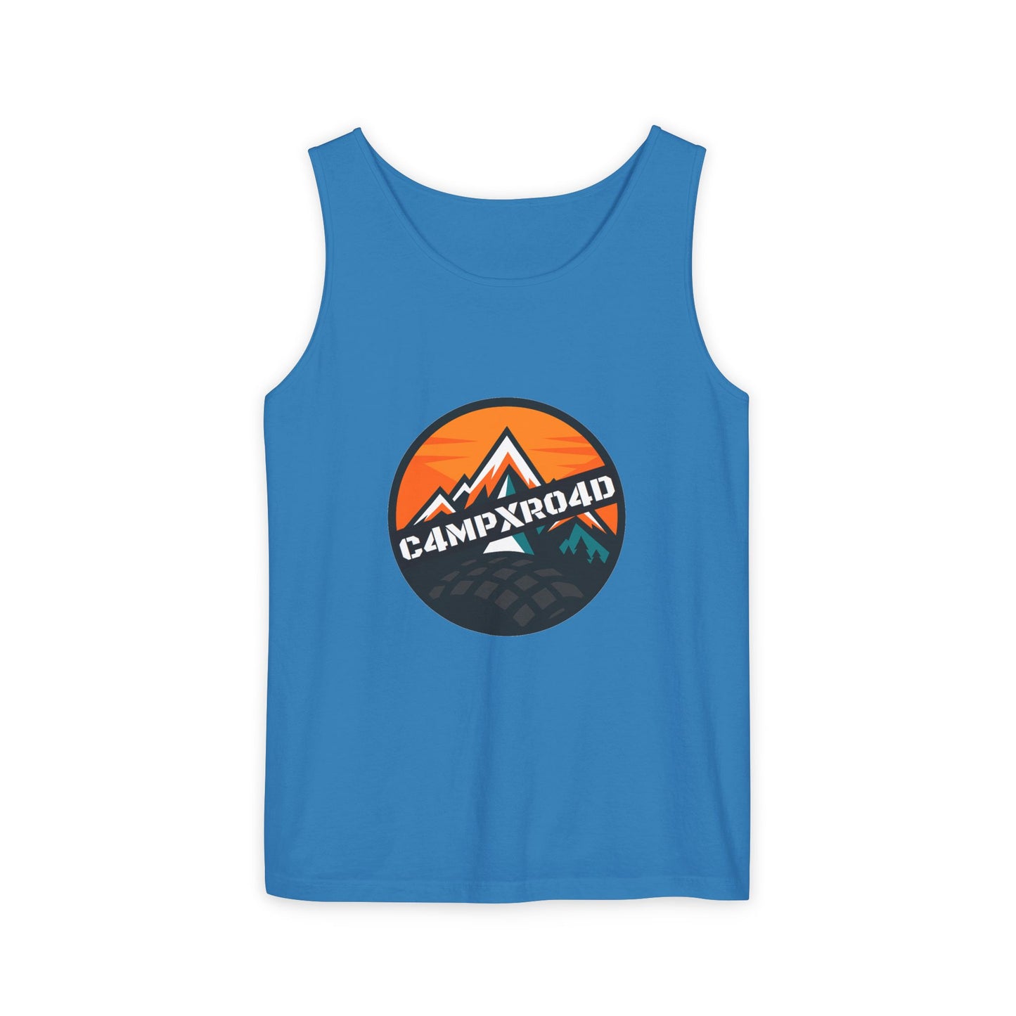 C4MPXRO4D Rounded Shield Camper Badge Tank Top | Graphic camping text tee