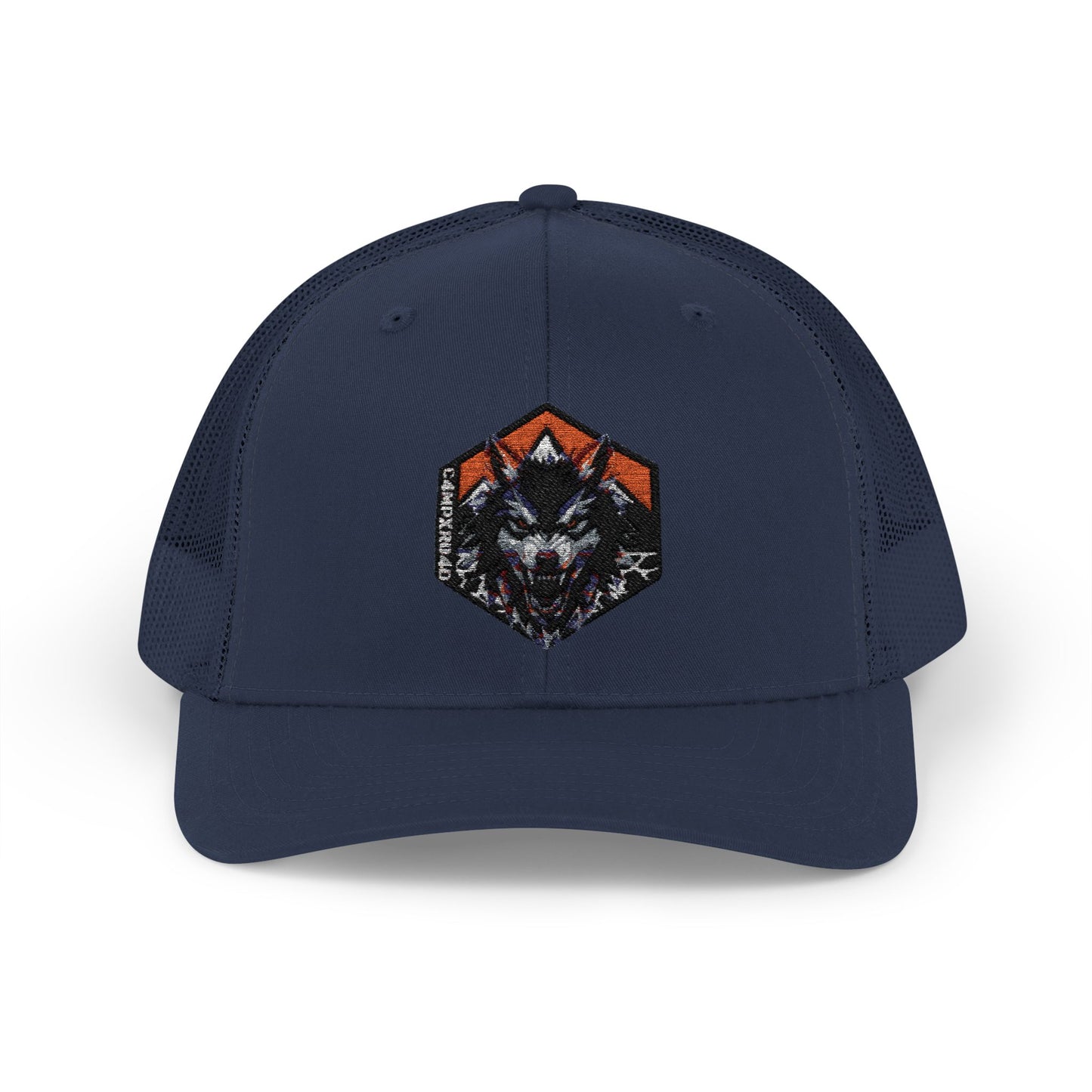 C4MPXRO4D Wolf Shield Camper Badge Cap | Trucker Snapback Mesh Hat