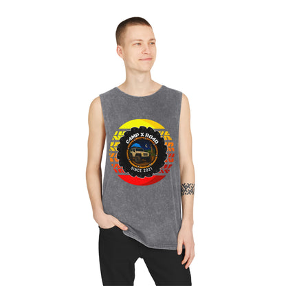 C4MPXRO4D Summer Camper Badge Tank Top | stonewash black, retro stencil logo