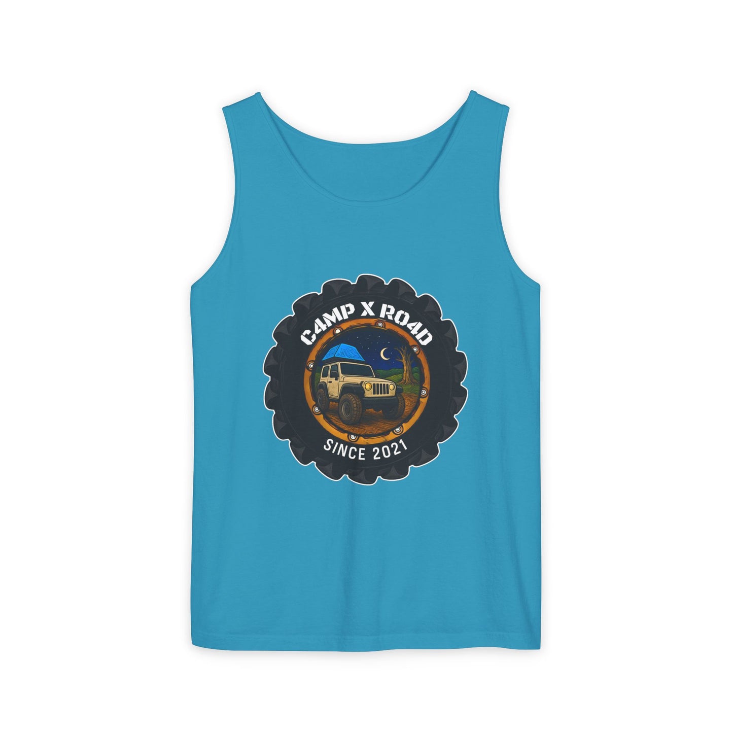 C4MPXRO4D Camper Badge Tank Top | Graphic camping text tee