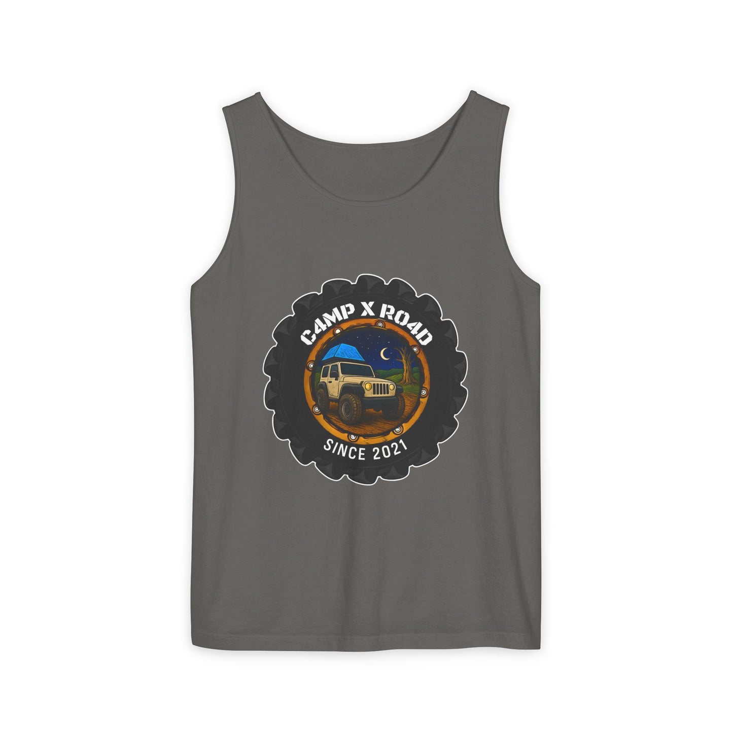 C4MPXRO4D Camper Badge Tank Top | Graphic camping text tee