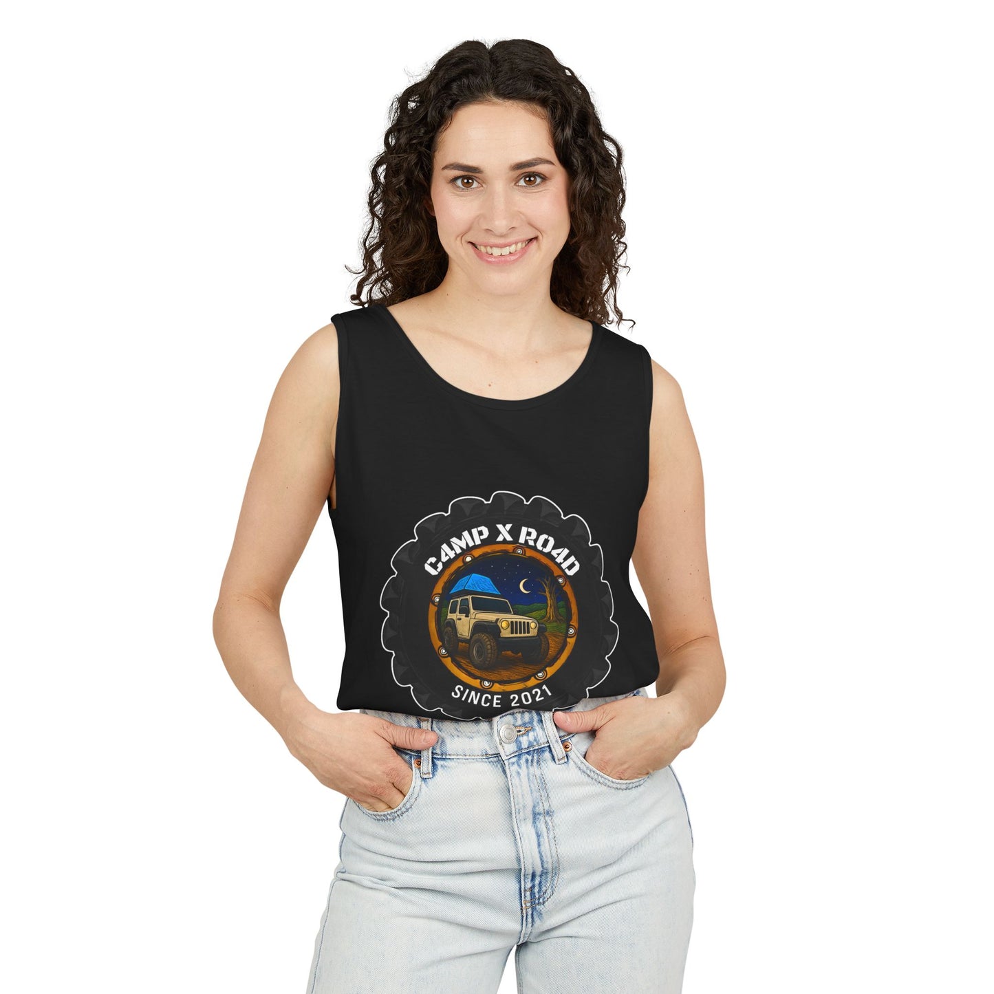 C4MPXRO4D Camper Badge Tank Top | Graphic camping text tee
