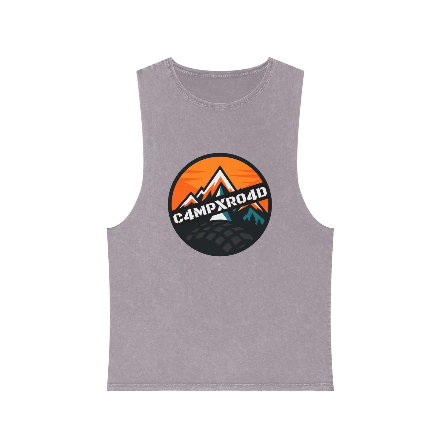 C4MPXRO4D Rounded Shield Camper Badge Tank Top | stonewash black, retro stencil logo
