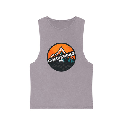C4MPXRO4D Rounded Shield Camper Badge Tank Top | stonewash black, retro stencil logo