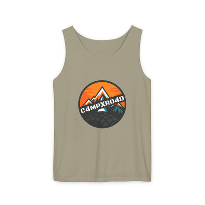 C4MPXRO4D Rounded Shield Camper Badge Tank Top | Graphic camping text tee