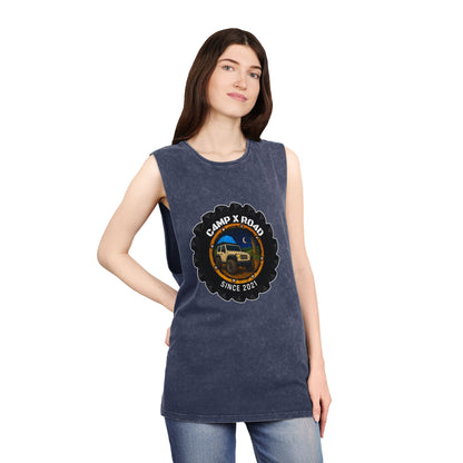C4MPXRO4D Camper Badge Tank Top | stonewash black, retro stencil logo